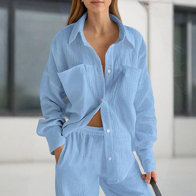 Women's Casual Solid Color Lounge Set - Loose Fit Long Sleeve Top & Pants With Chest Pockets Comfortable Home Wear