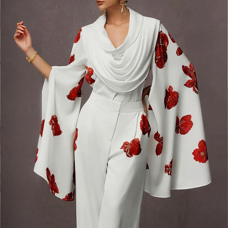 Women's Floral Print Mock Neck Long Sleeve Top & Wide Leg Pants Set With Pockets - Stylish Spring&Summer Outfit