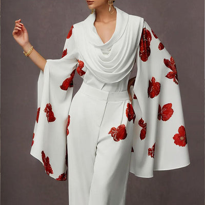 Women's Floral Print Mock Neck Long Sleeve Top & Wide Leg Pants Set With Pockets - Stylish Spring&Summer Outfit