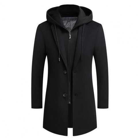 Men's Casual Woolen Coat Mid-length Detachable Hat Jacket