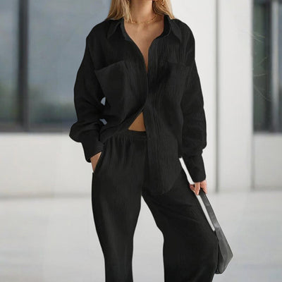 Women's Casual Solid Color Lounge Set - Loose Fit Long Sleeve Top & Pants With Chest Pockets Comfortable Home Wear