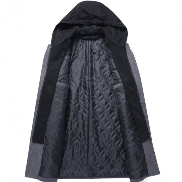 Men's Casual Woolen Coat Mid-length Detachable Hat Jacket