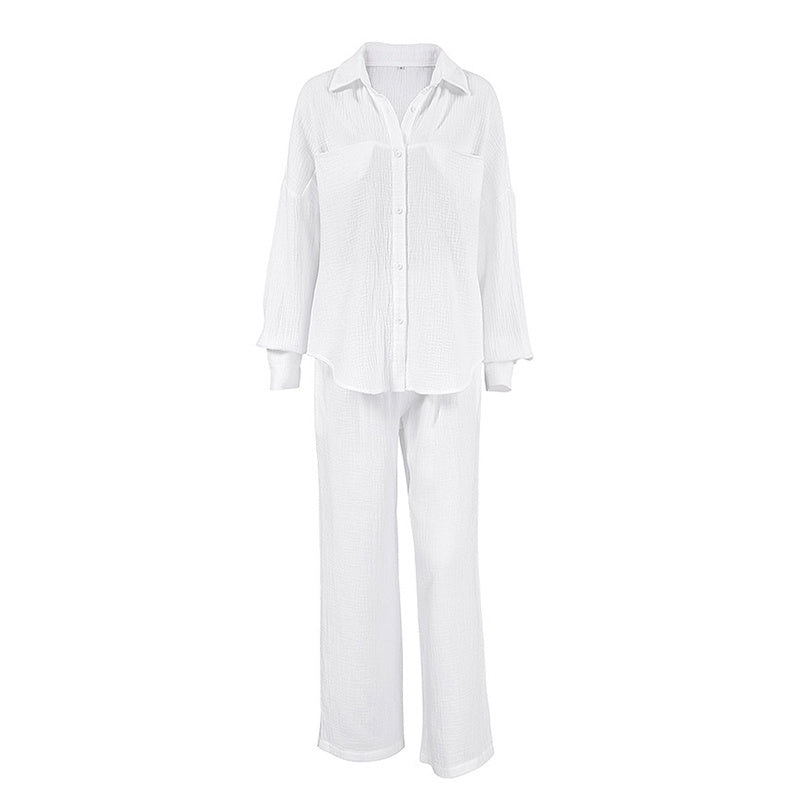 Women's Casual Solid Color Lounge Set - Loose Fit Long Sleeve Top & Pants With Chest Pockets Comfortable Home Wear