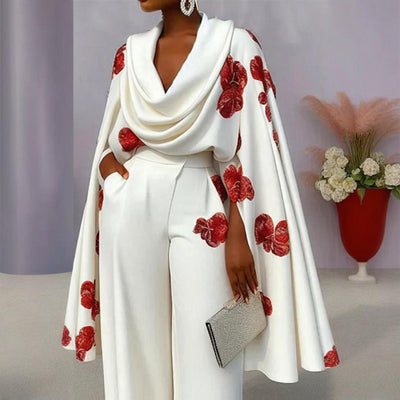 Women's Floral Print Mock Neck Long Sleeve Top & Wide Leg Pants Set With Pockets - Stylish Spring&Summer Outfit